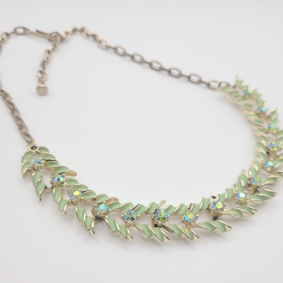 Vintage Jewelry - Vintage Gold Tone Leaf Necklace Green Enamel Aurora Borealis Rhinestones